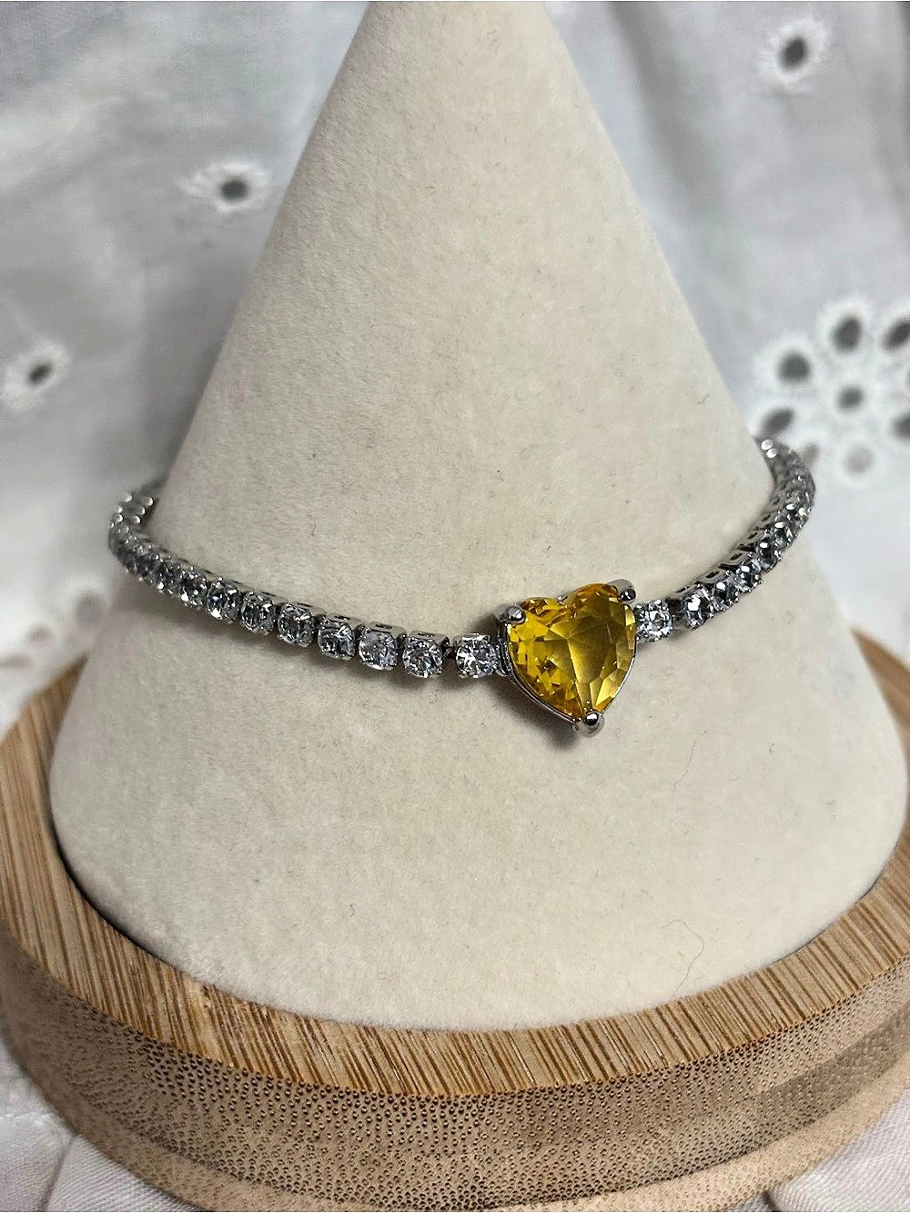 Crystal Heart Tennis Bracelet in Silver & Yellow
